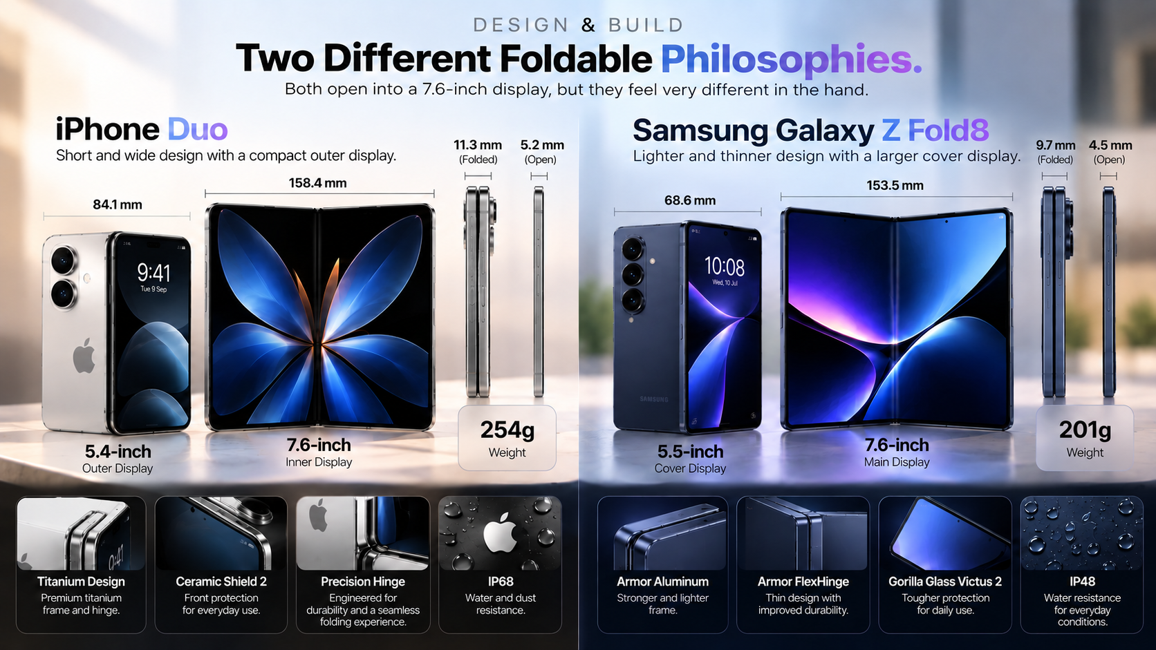 iPhone Duo and Samsung Galaxy Z Fold8 foldable design comparison