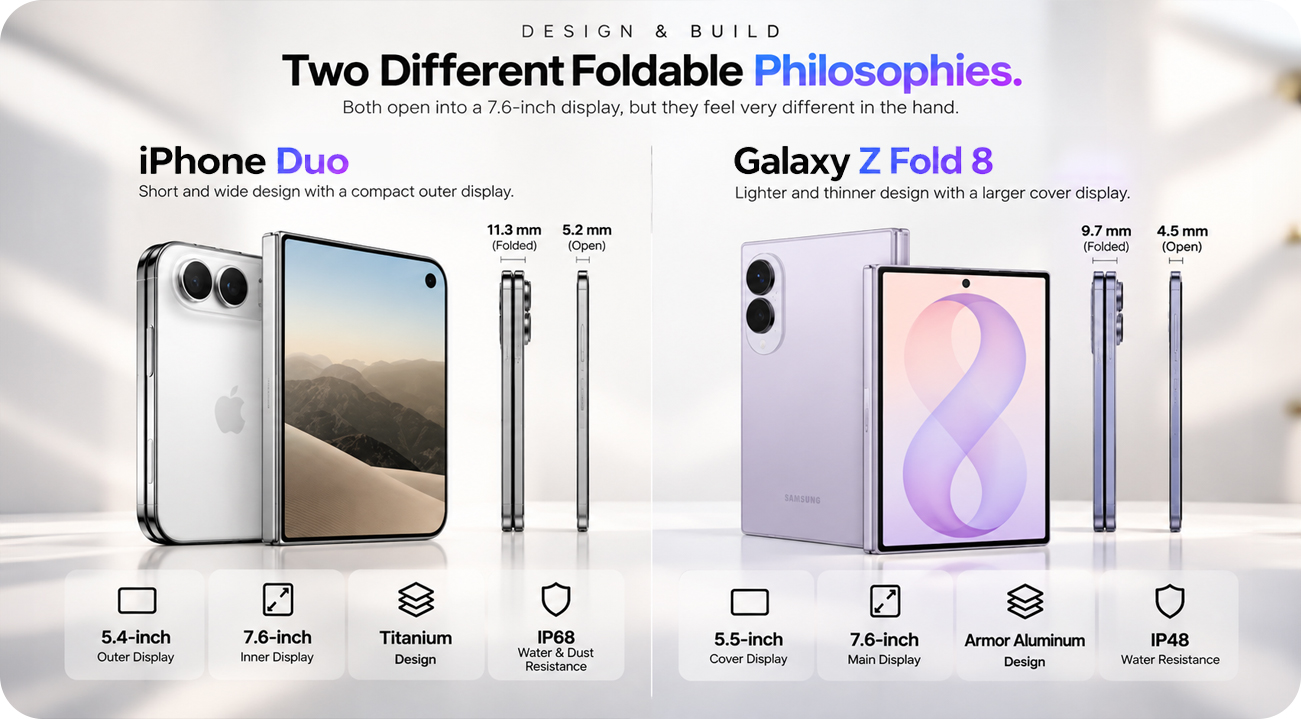 iPhone Duo and Samsung Galaxy Z Fold8 foldable design comparison