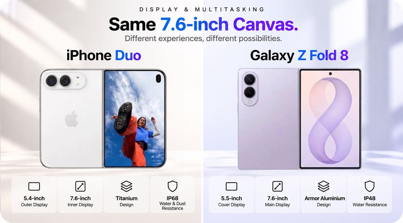 iPhone Duo vs Galaxy Z Fold8 display and multitasking comparison