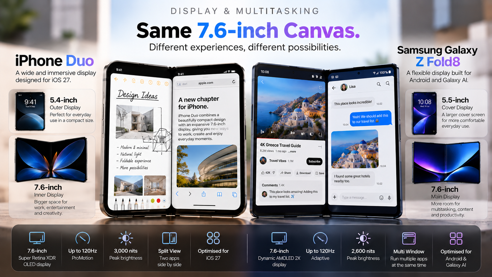 iPhone Duo vs Galaxy Z Fold8 display and multitasking comparison