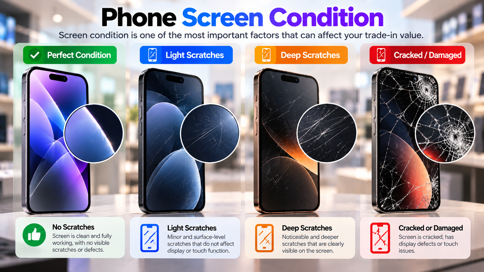 Perfect, scratched and damaged phone screen trade-in condition comparison