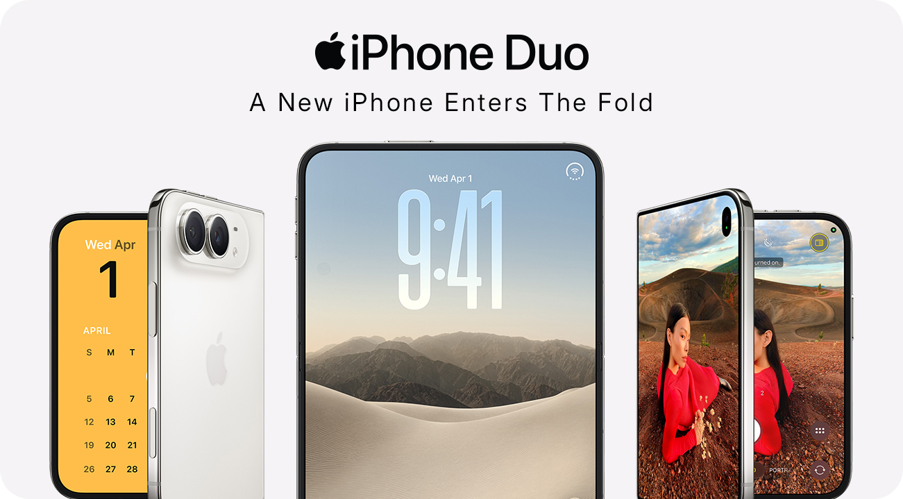 iPhone Duo foldable iPhone with outer display and unfolded inner display showing the Lock Screen