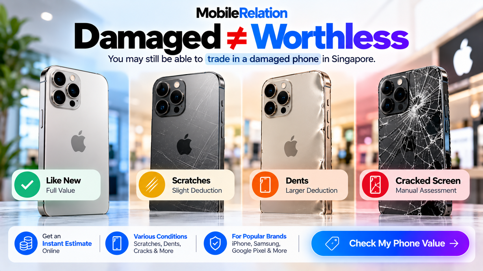 Damaged phone trade-in Singapore with scratched, cracked and dented phones
