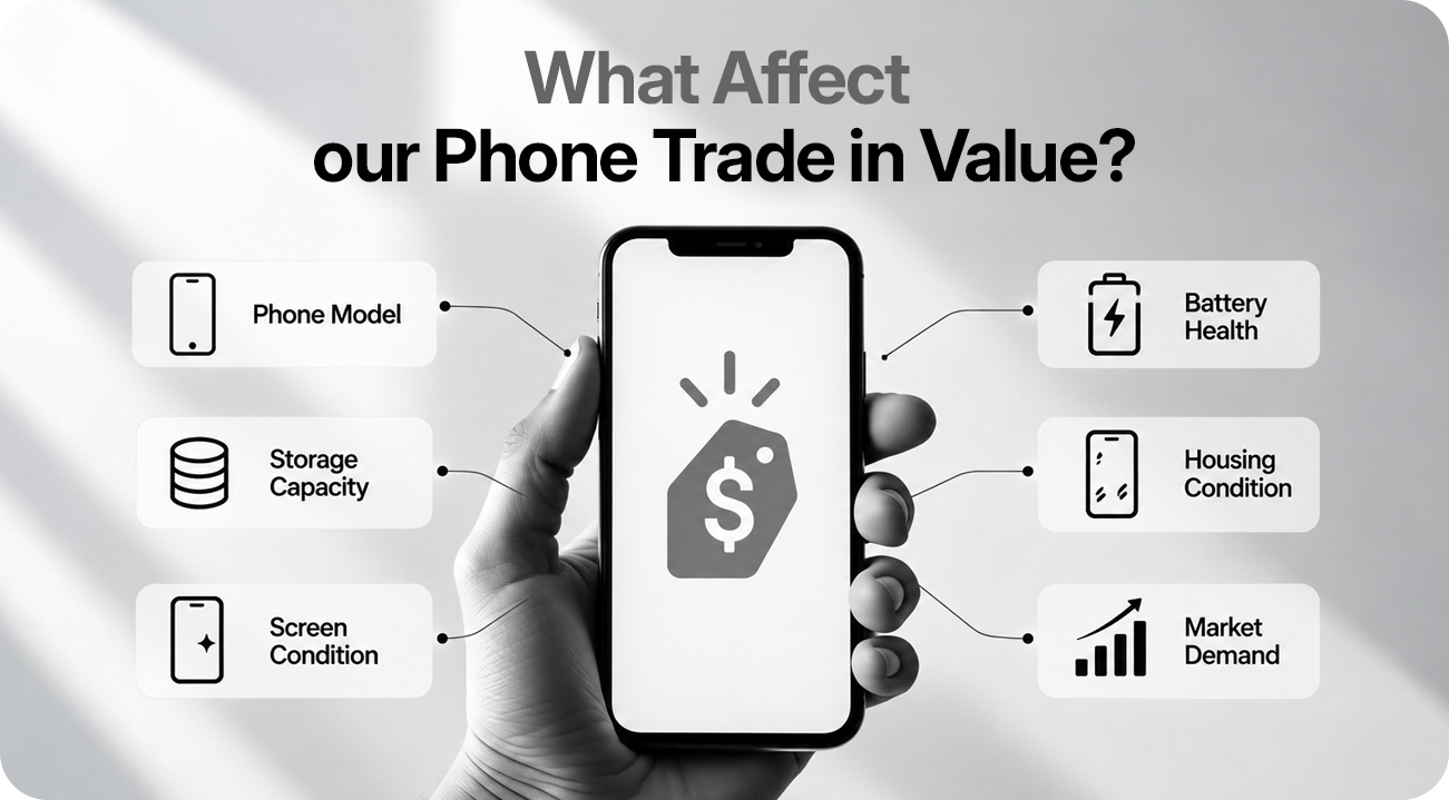 Factors that affect phone trade-in value in Singapore: phone model, storage, screen condition, battery health, housing condition and market demand