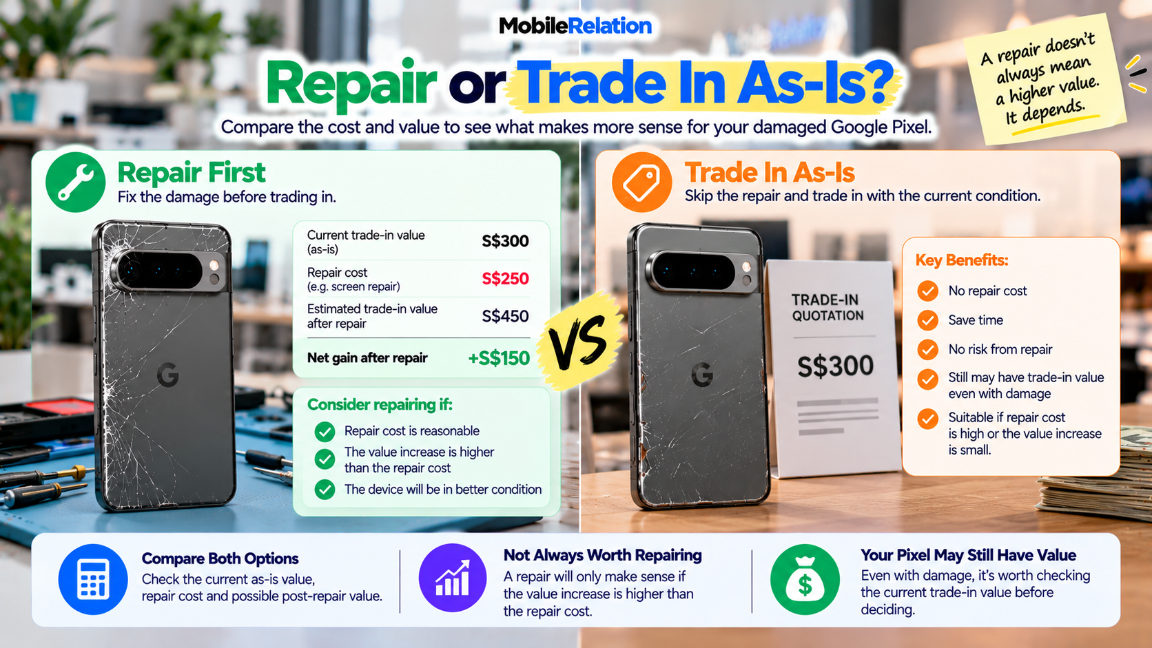 Repair damaged Google Pixel versus trade-in as is comparison in Singapore