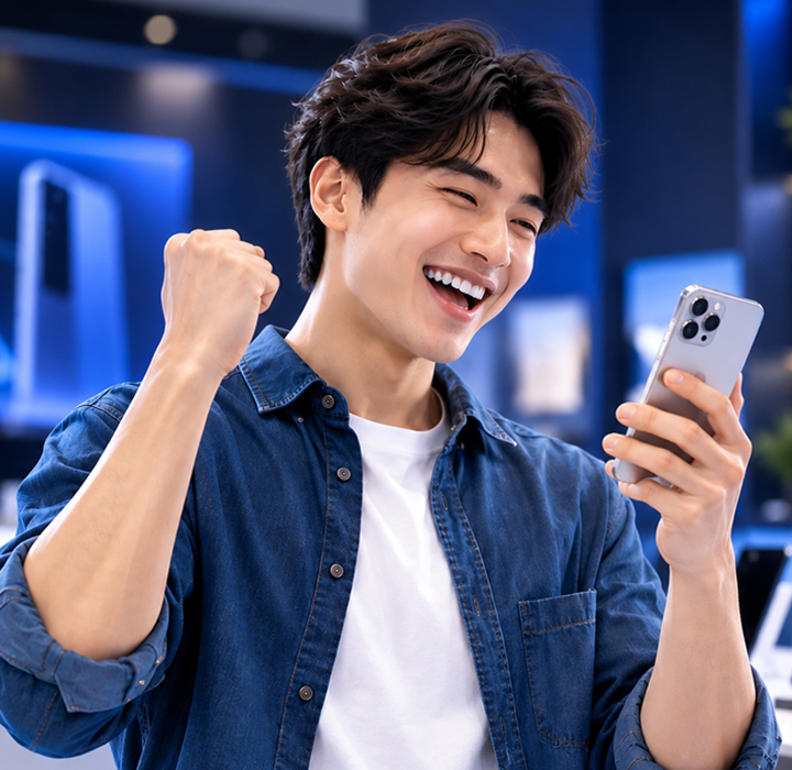 Customer celebrating an instant phone trade-in payout at MobileRelation Singapore