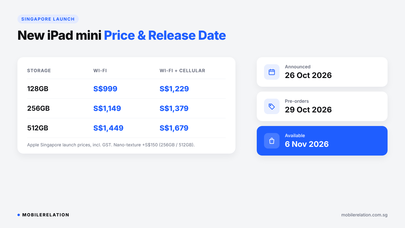 New iPad mini A20 Pro Singapore price from S$999, pre-orders 29 October and availability 6 November 2026