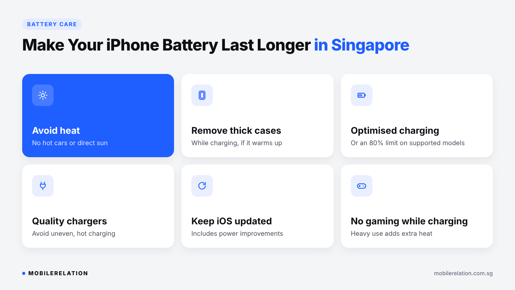 iPhone battery care tips for Singapore: avoid heat, remove thick cases while charging, optimised charging, quality chargers, iOS updates