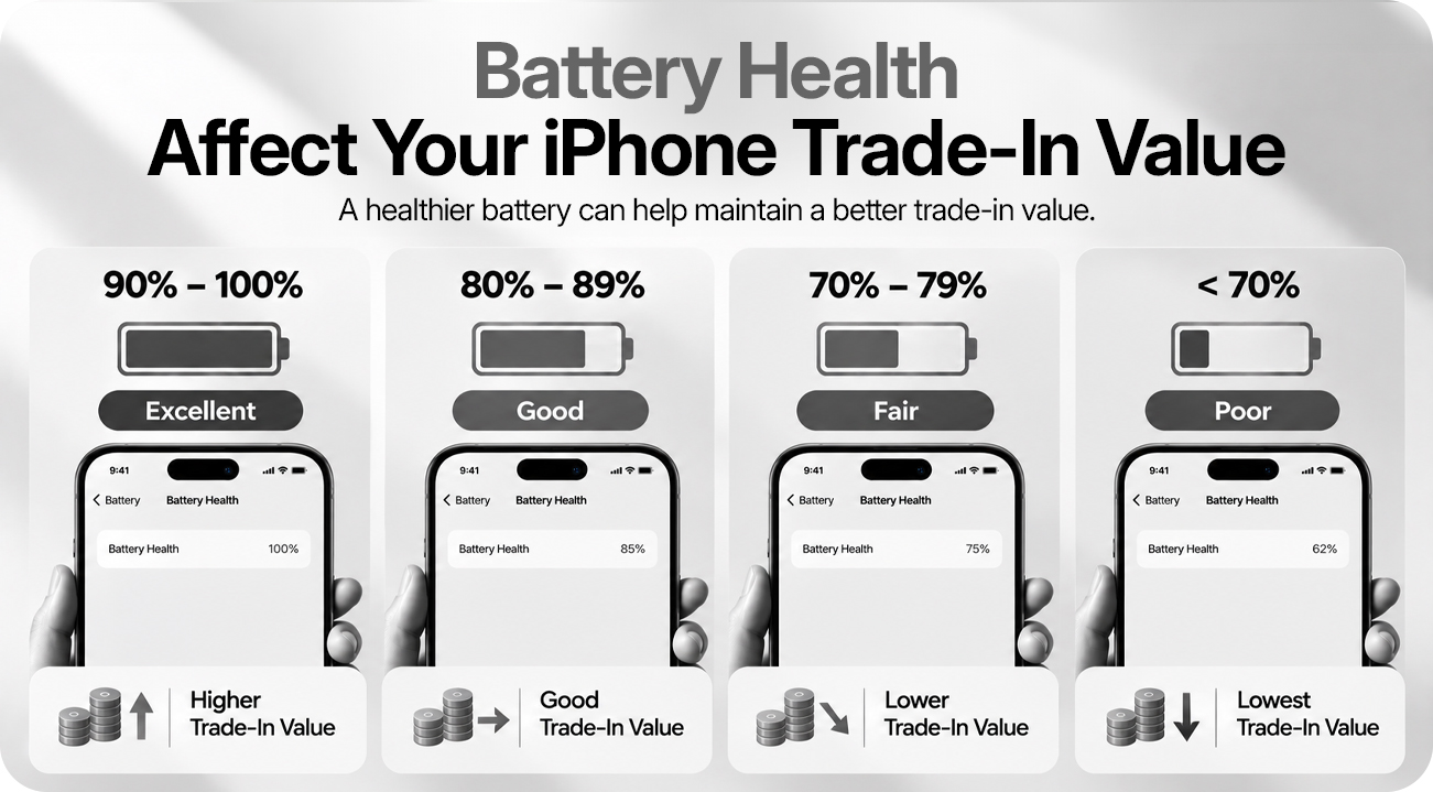 iPhone battery health and trade-in value in Singapore: 90-100%, 80-89%, 70-79% and below 70%