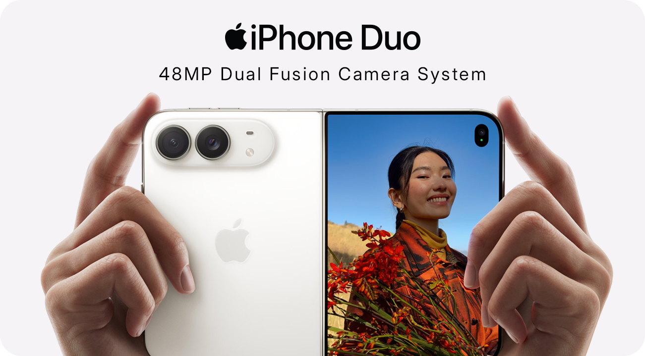 iPhone Duo 48MP Dual Fusion camera system with a portrait photo on the display