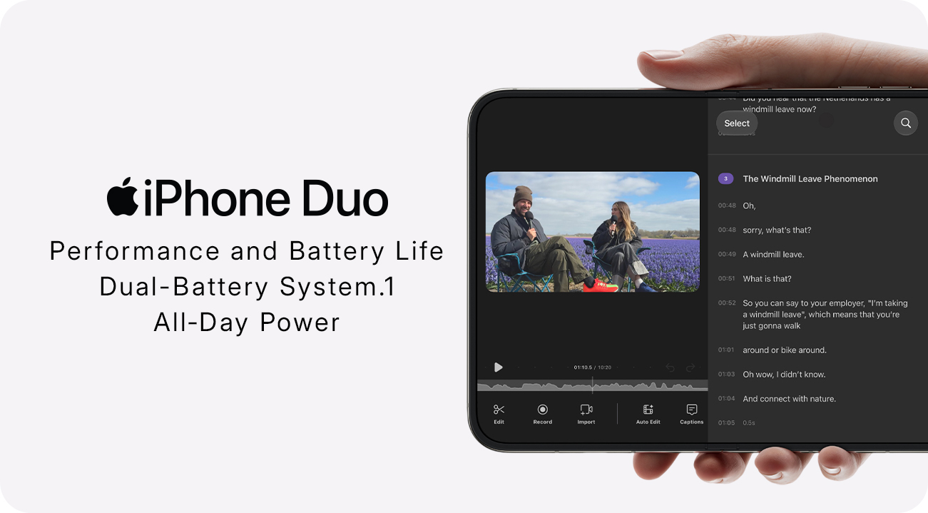 iPhone Duo dual-battery system for all-day battery life, shown playing video