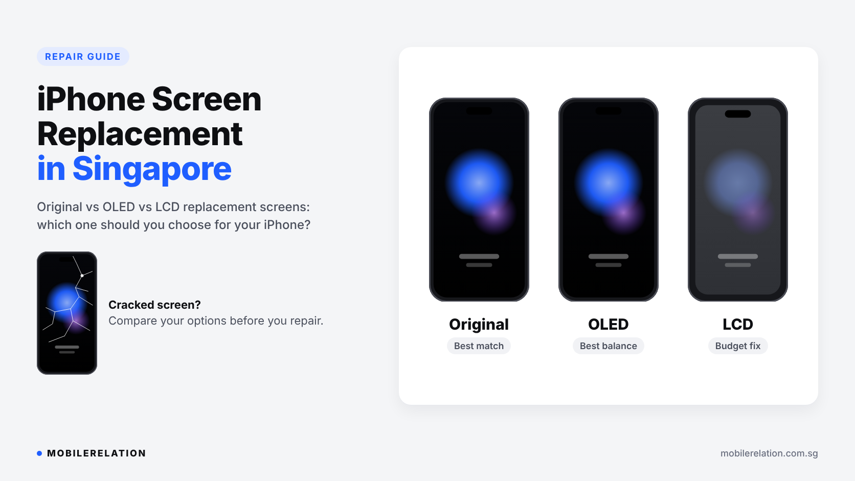 iPhone screen replacement in Singapore comparing Original, OLED and LCD replacement screens