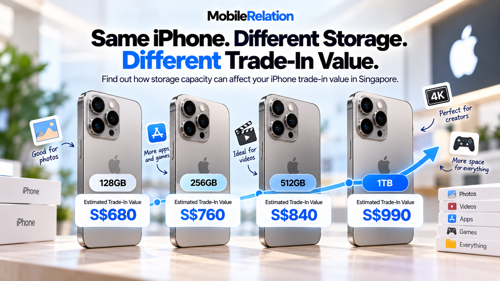 iPhone storage trade-in value comparison for 128GB, 256GB, 512GB and 1TB in Singapore