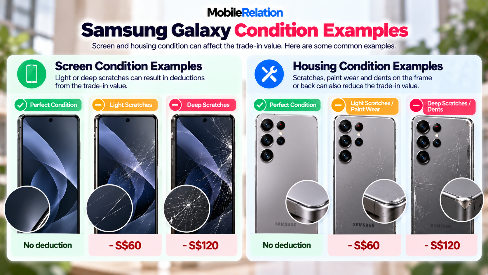 Samsung Galaxy screen and housing condition examples for trade-in: perfect, light scratches and deep scratches or dents