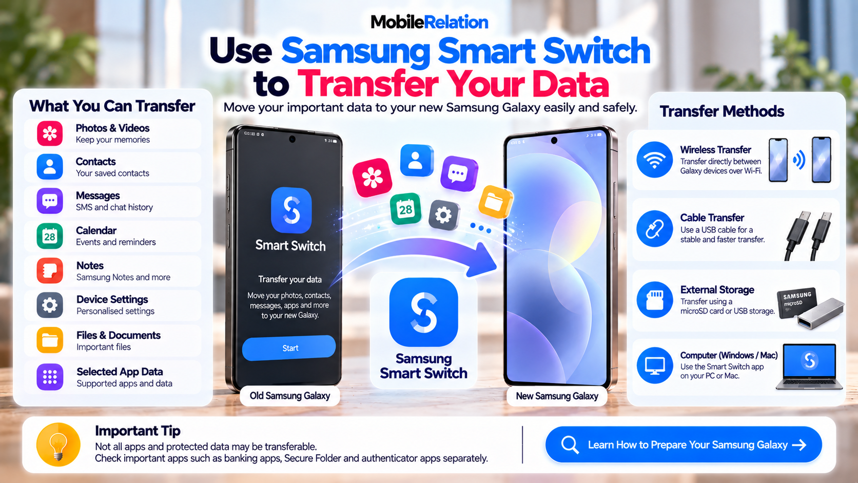 Use Samsung Smart Switch to transfer photos, contacts, messages and files to your new Galaxy before trade-in
